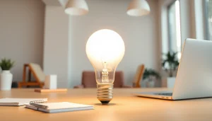 Discover creative lighting ideas with goodlite in a modern workspace setting featuring a bright bulb.