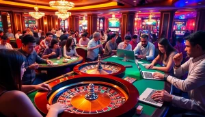 Adegan menarik para penjudi yang bersemangat di meja kasino dengan elemen 'utama4d daftar' ditampilkan.