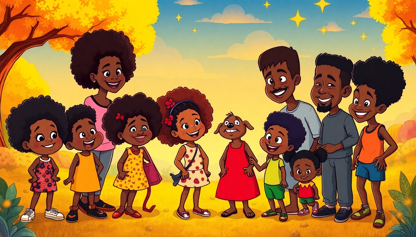 A celebration of African American cartoons featuring diverse characters in a vibrant, playful scene.