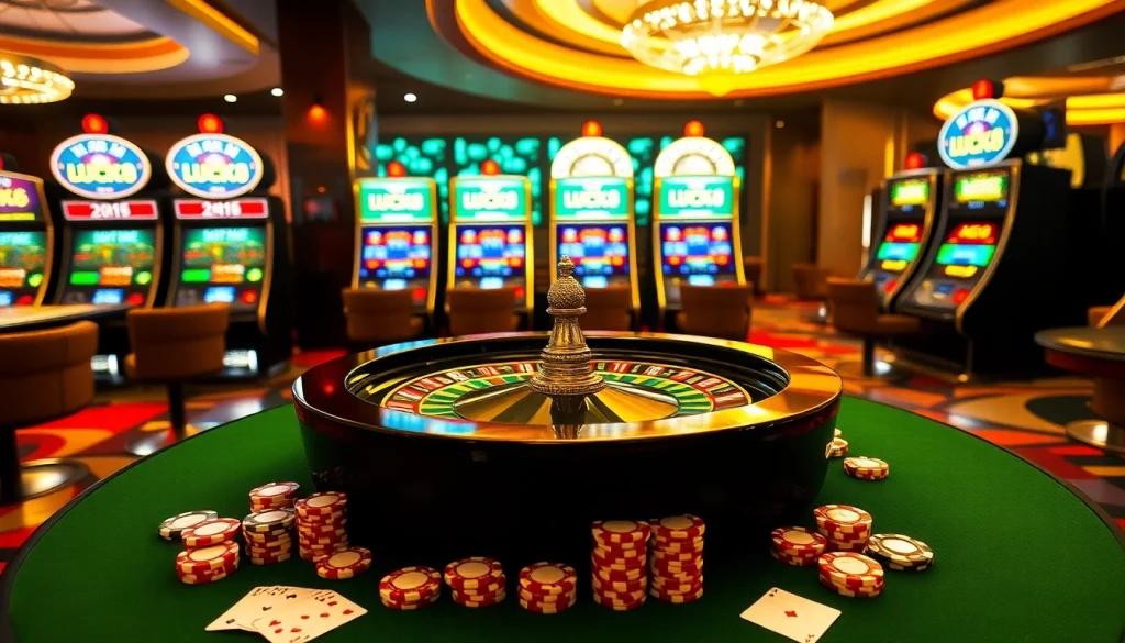 Experience high-stakes excitement at LUCK8 with a luxurious casino ambiance featuring tables and cards.