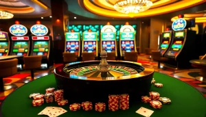 Experience high-stakes excitement at LUCK8 with a luxurious casino ambiance featuring tables and cards.