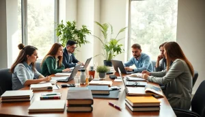 Students collaboratively utilizing exam assistance services in a bright study environment.