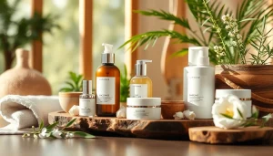 Prikaz prirodne kozmetike u spa ambijentu sa prirodnim sastojcima.