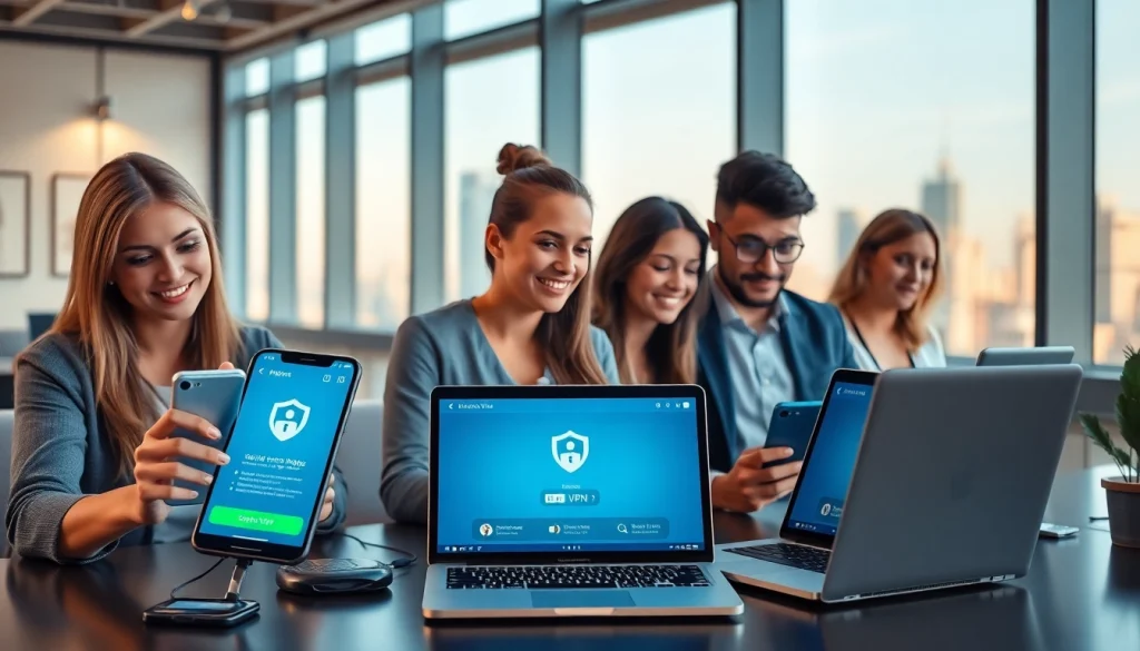 在现代工作空间中多设备上的快连 VPN 应用界面。