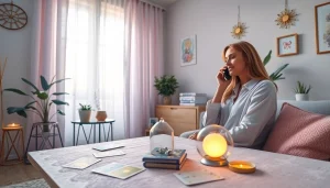 電話占い当たる: 落ち着いたオフィスでクライアントに電話で助けを提供する霊能者。温かさとプロフェッショナリズムを捉えています。