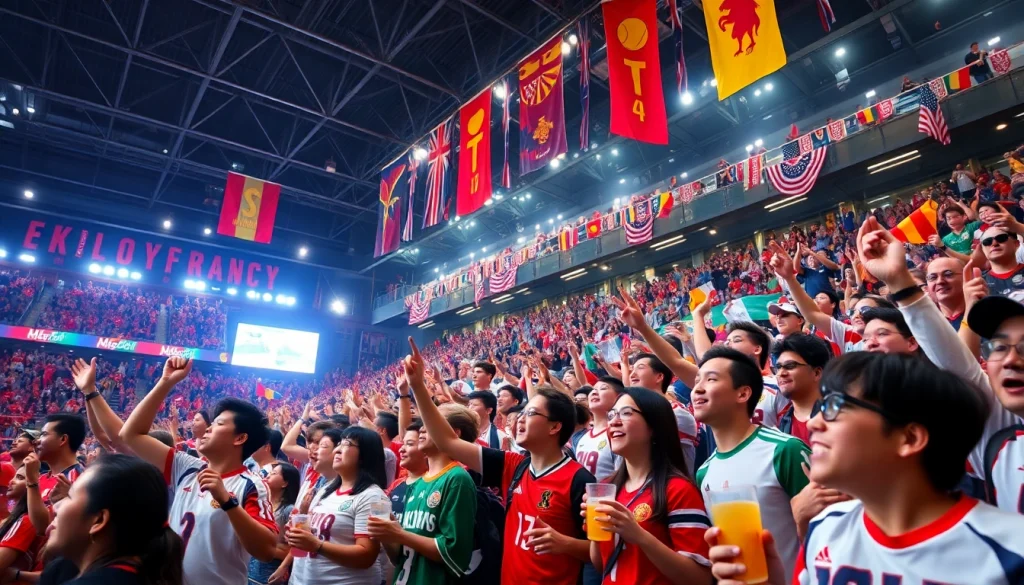 Exciting sports event crowd celebrating 토토스토리 with colorful jerseys and flags.