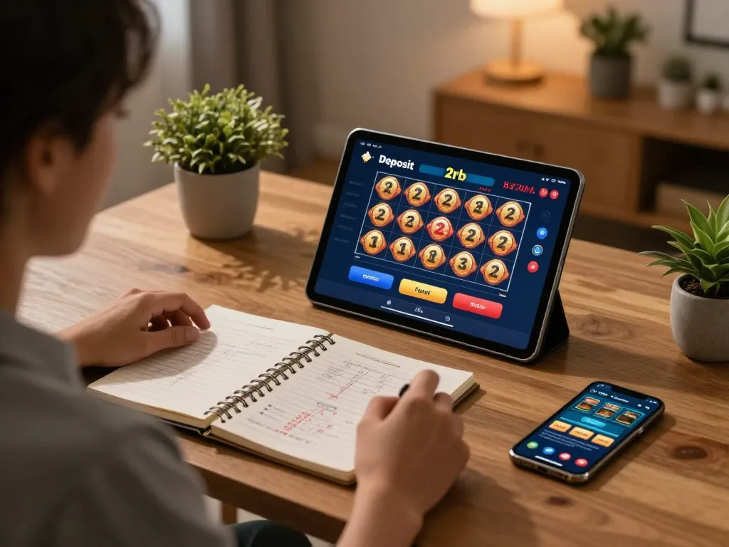 Engaging in slot deposit 2rb online gaming on a tablet in a cozy home office.