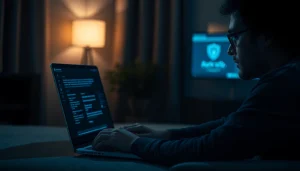 Engaged user exploring hidden wiki tor links on a laptop in a dark, tech-themed room.