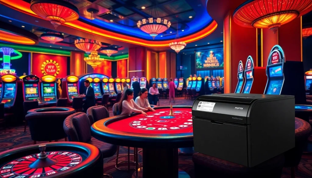 Players at a luxurious casino table with POSTEK C168/300s printer showcasing seamless gambling excitement.