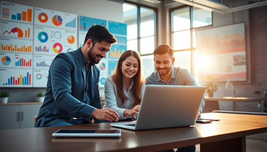 Brightet marketing team analyzing trends in a modern workspace with vibrant charts.