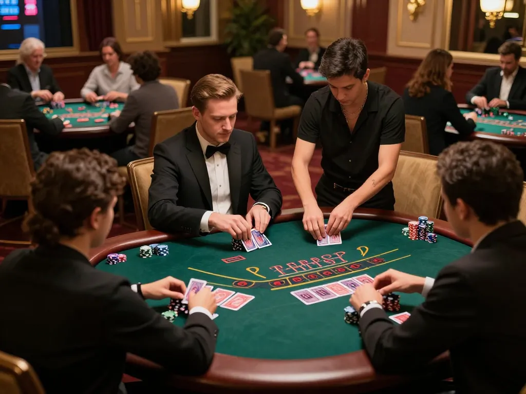 Players enjoying an engaging blackjack game at fly88 casino with dynamic dealer interaction
