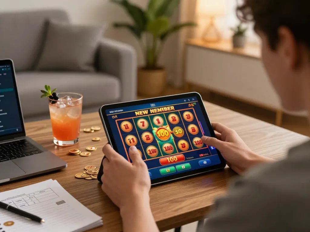 Engaging online gaming scene showing slot bonus new member 100 being played on a tablet at home, highlighting responsible entertainment.
