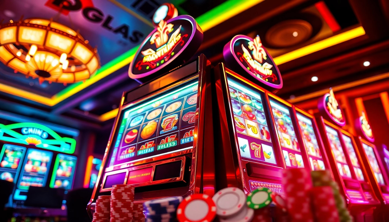 Slot77 terpasang pada mesin judi yang glamor dengan lampu berkilau dan kerumunan orang bermain.