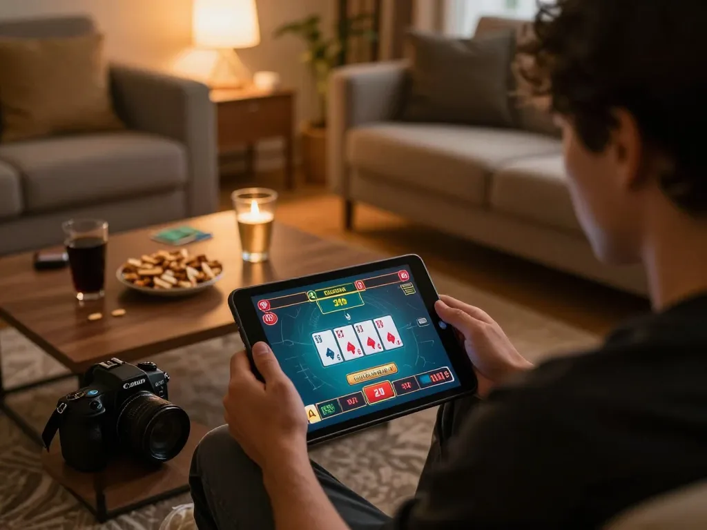 Engaging at-home gaming session with KK55 online casino app displayed on tablet screen.