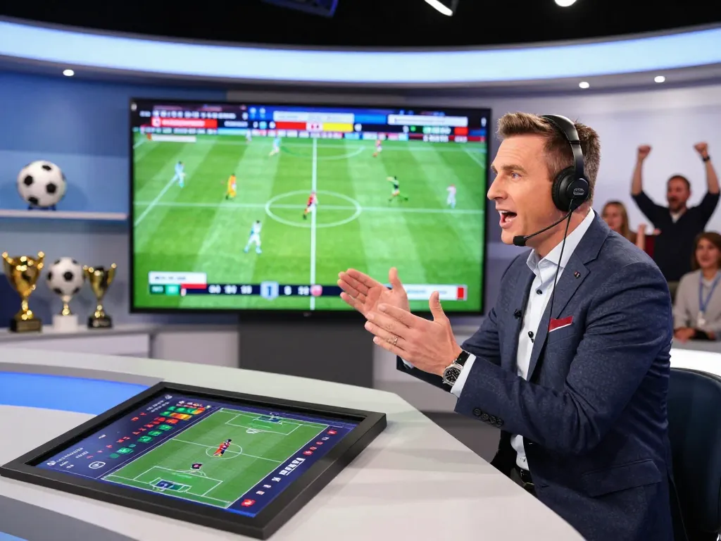 Cà khịa tv live football analysis with passionate commentator analyzing statistics and highlights in a dynamic sports studio.
