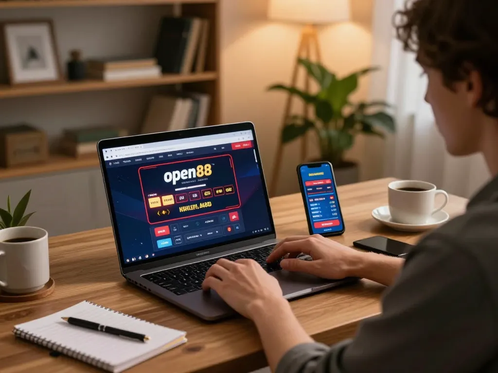 Engaged user exploring the open88 online casino experience from a stylish home desk with warm lighting.