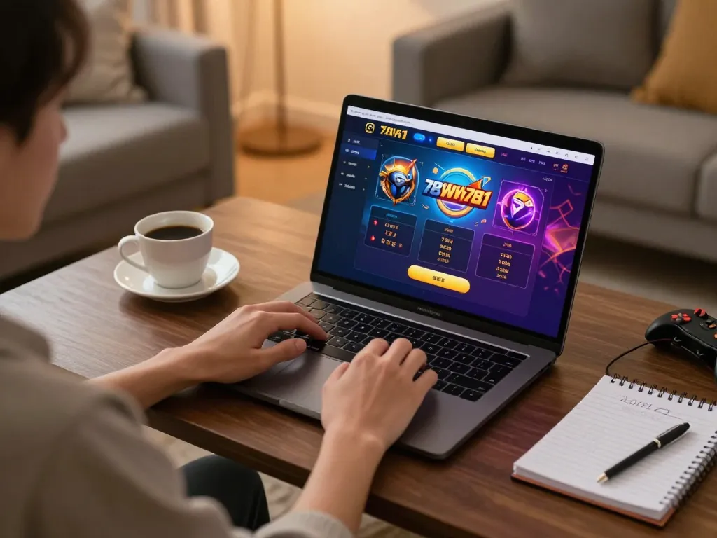 Engaging in online gaming with 789win781, showcasing a player using a laptop for casino games.