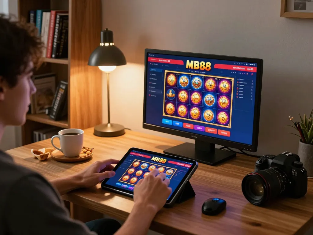 Player engaging with MB88 while enjoying a cozy home gaming experience, showcasing responsible gambling.
