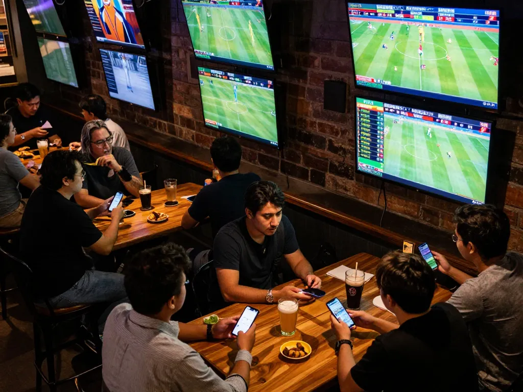 S666 users passionately engaging in mobile sports betting at a lively bar.