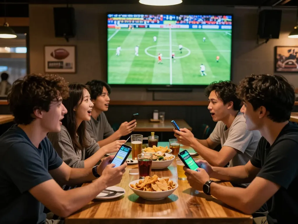 Cà khịa tv enhances the live sports betting experience with friends enjoying the match while using their smartphone