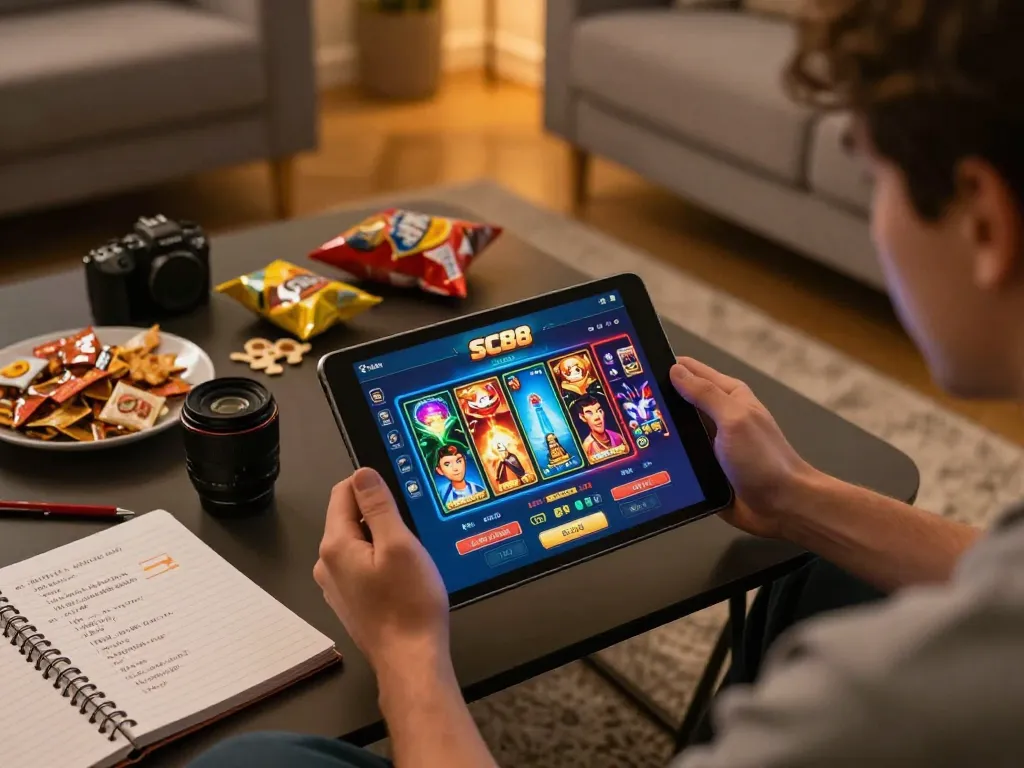 Engaging gameplay experience on the SC88 app, showcasing a tablet gaming scene in a cozy setting.