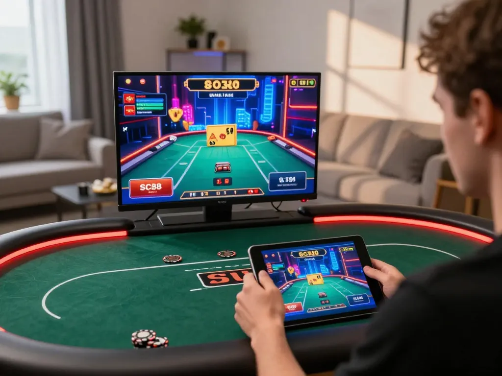 Engaging in online SC88 gaming on a tablet in a modern, cozy home setting.