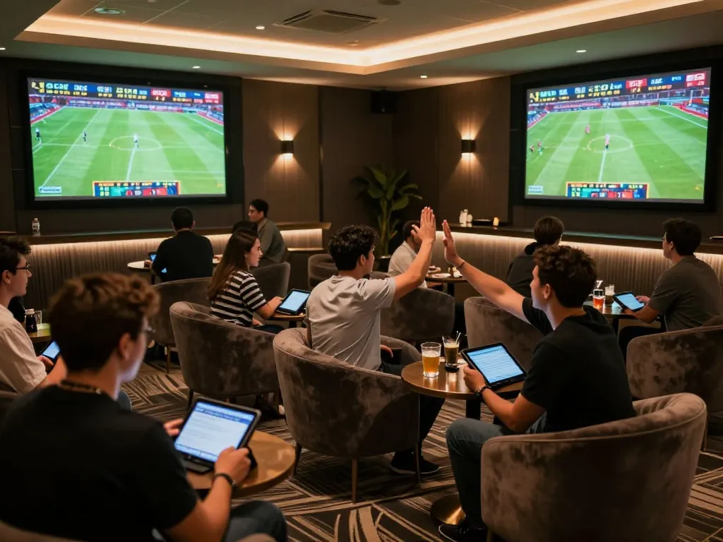 Engaged gamblers analyzing odds and placing bets on tg8 during a live sports event in a luxurious lounge setting.