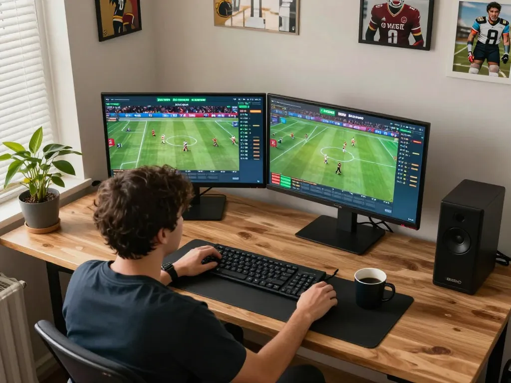 Engaged player using 123b online sports betting platform, dual-screen setup shows live sports events and betting odds