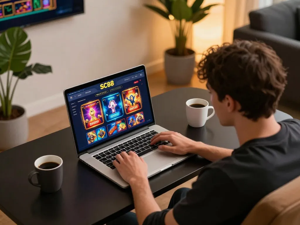 Player engaging with SC88 online casino games on a modern laptop setup.