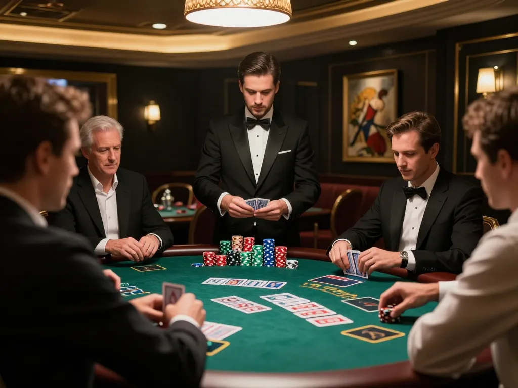 F168 blackjack table scene with players making strategic decisions during an intense game, luxury casino environment