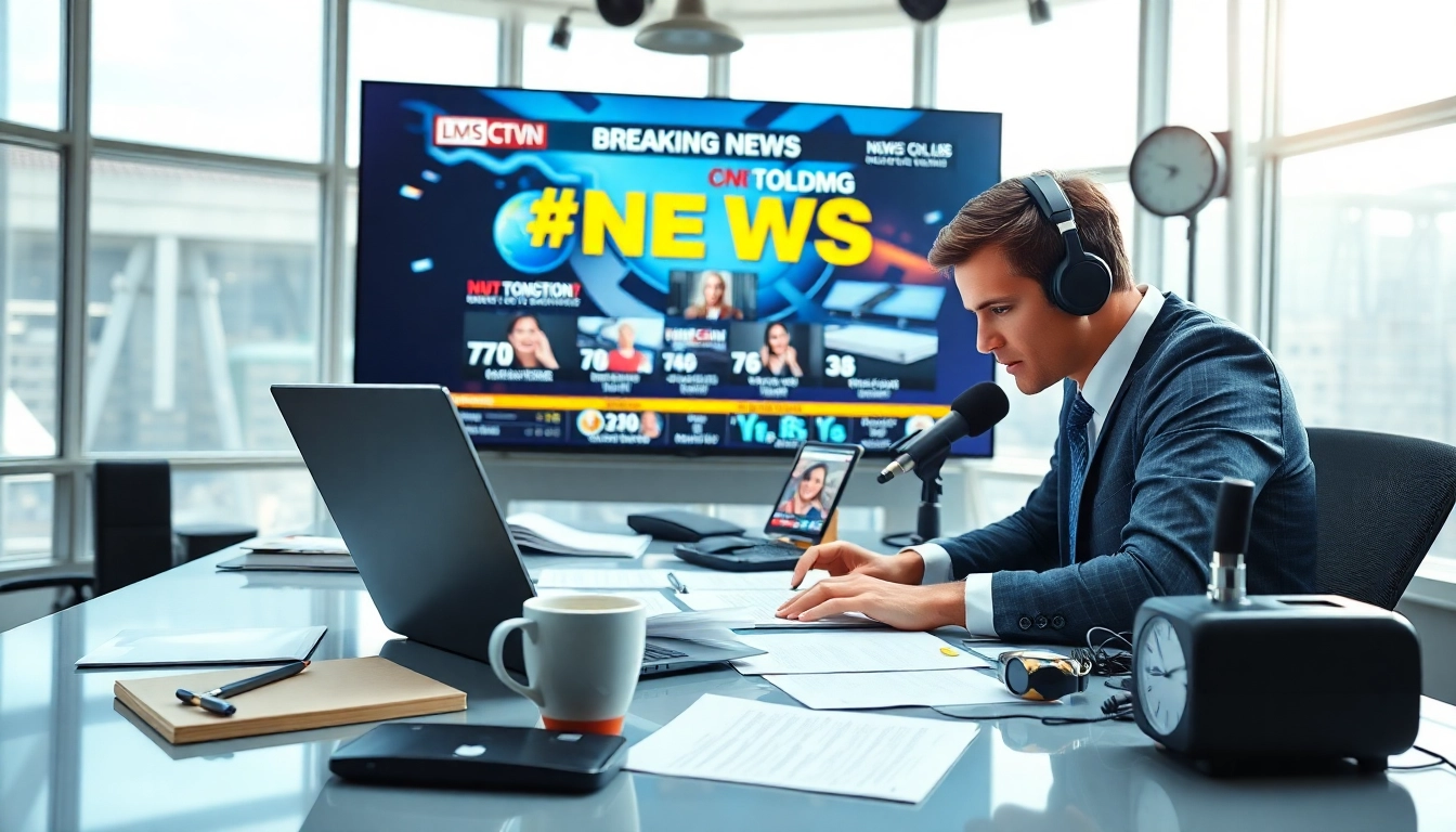 Capture news journalist typing urgent news reports amidst a vibrant newsroom.