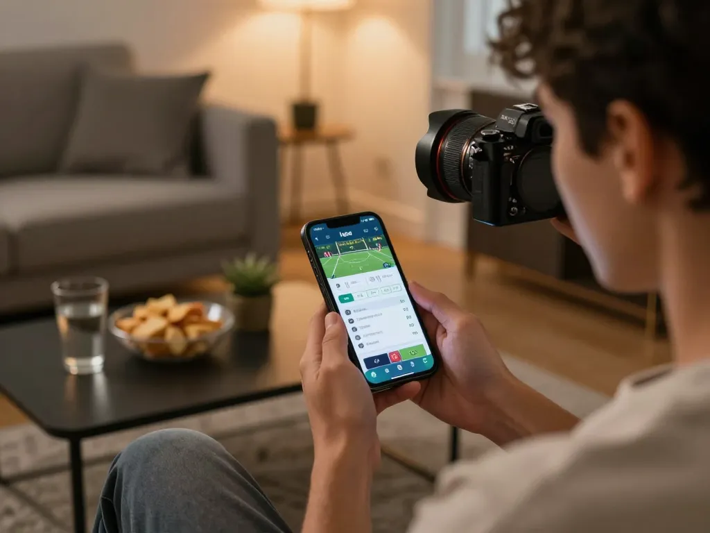 Person engaging with the kqbd app for live sports betting, immersed in a cozy home setup.