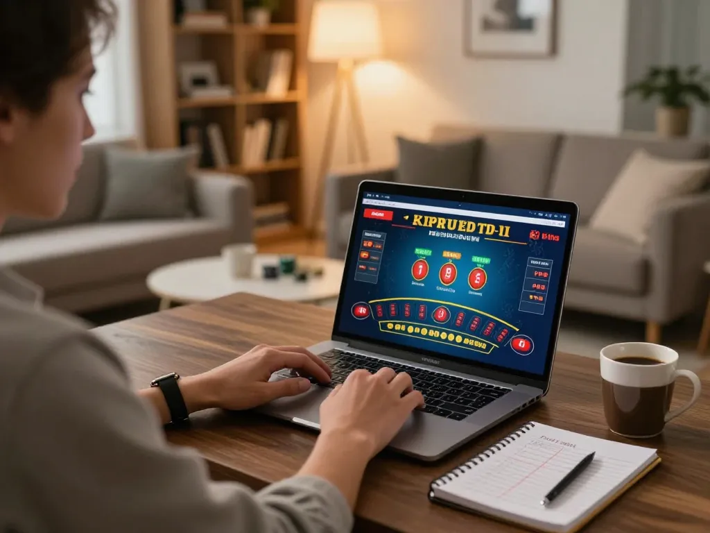 Player engaging with c168 blackjack game interface on a sleek laptop, cozy home gaming setup illuminated by warm lighting.