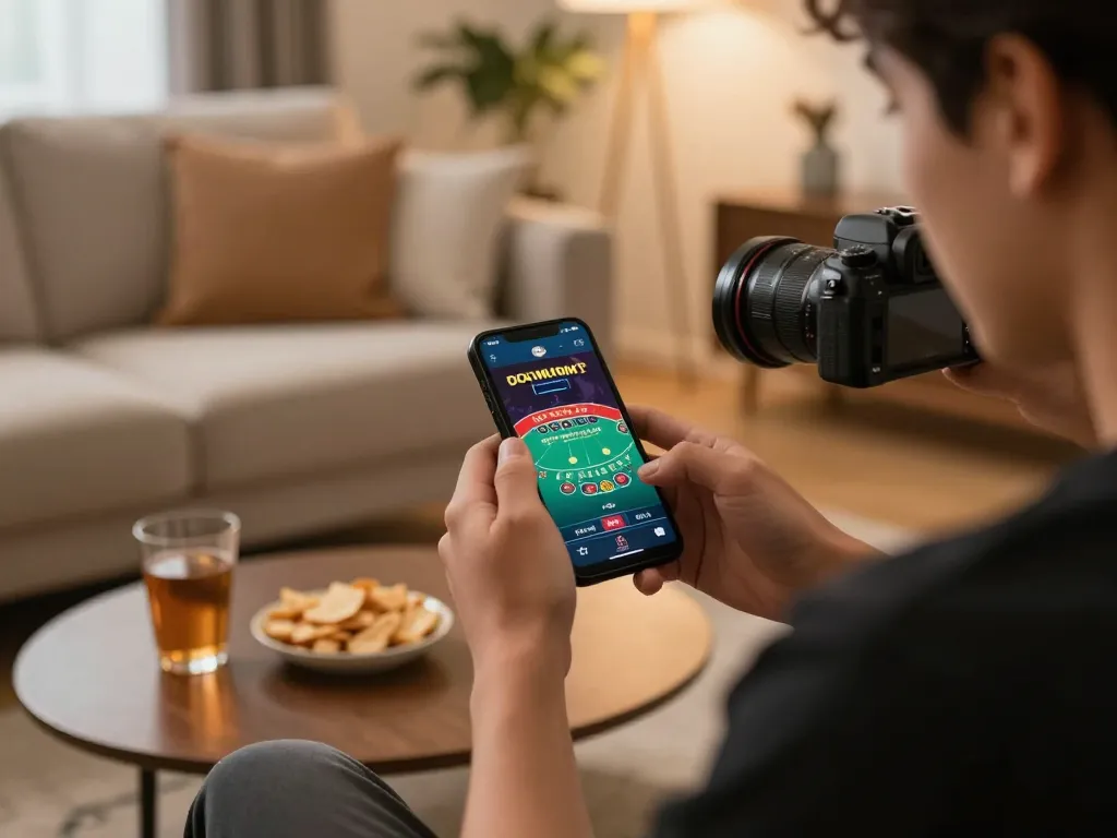 Engaging with online blackjack via tg88 mobile app in cozy living room ambiance.