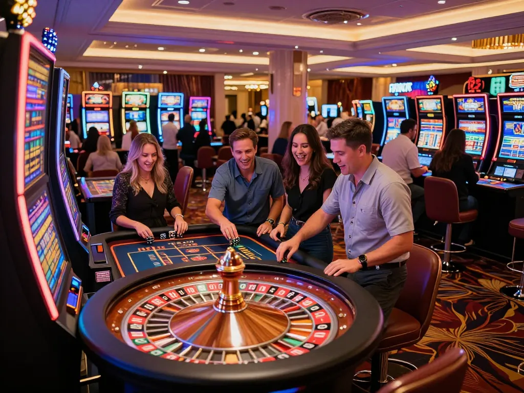 Engaging gameplay at jagoan86 casino showcasing vibrant slot machines and active roulette tables.