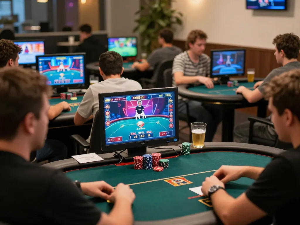 Players engaging in an online poker tournament at nhà cái 388bet, showcasing strategic gameplay and camaraderie.