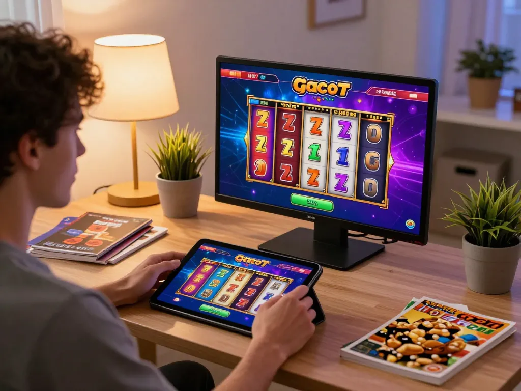 Play slot777 gacor online in a cozy home office while analyzing gaming strategies and enjoying snacks.