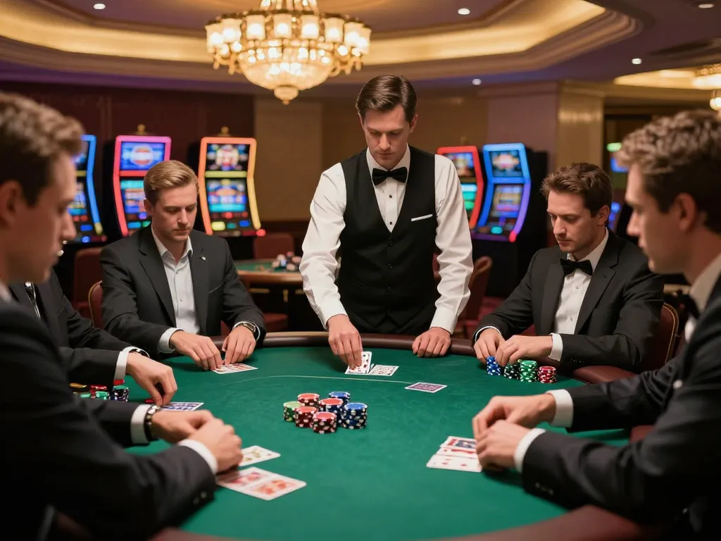 Players engaging in a strategic poker game at a luxurious casino, featuring g28-t1 atmospherics and elegance.