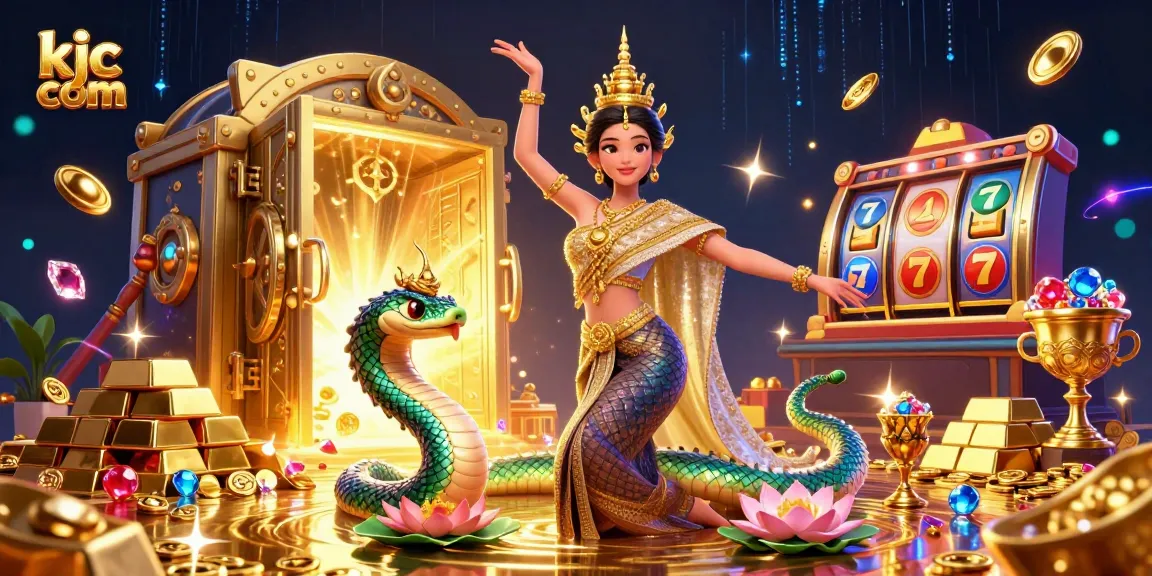 Win big at kjc com with vibrant Asian-themed casino artwork featuring a captivating dancer and treasures.