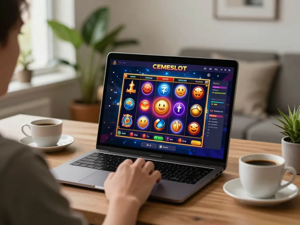 CEMESLOT engaging online slot game displayed on a laptop in a cozy home setting.