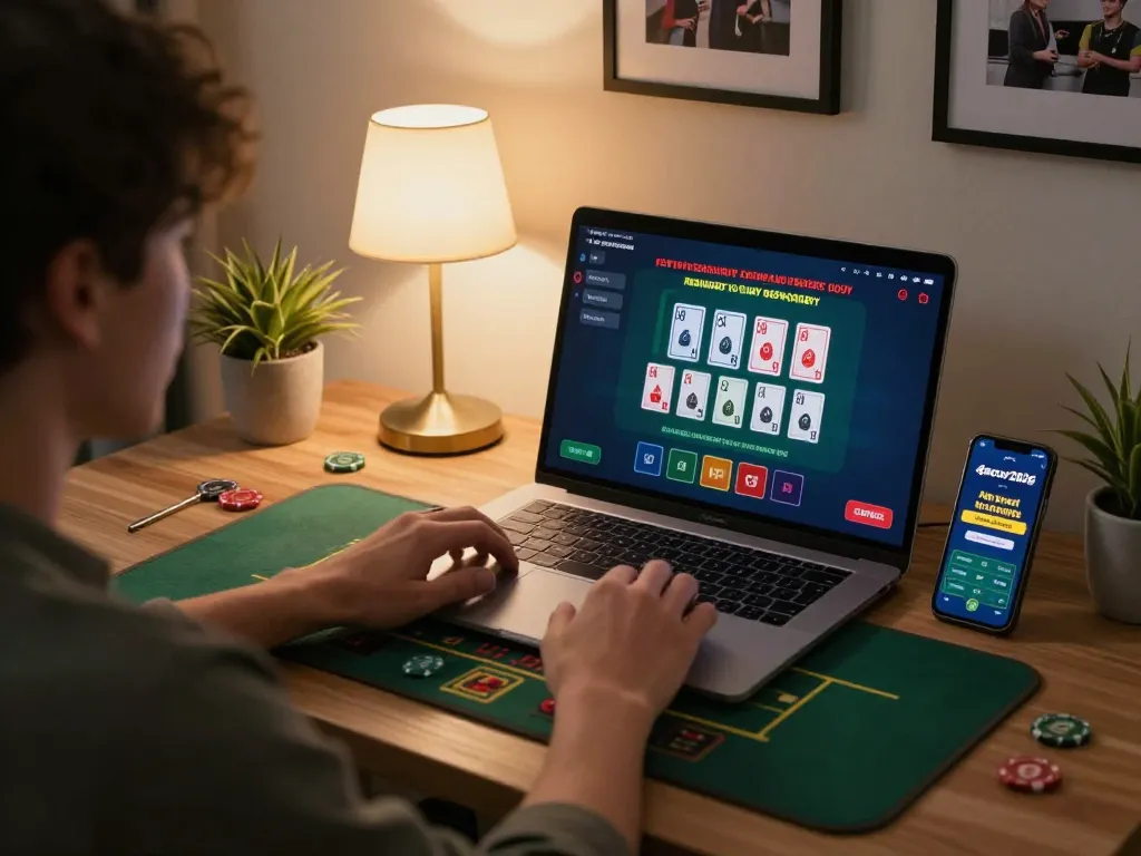 Player engaged in live dealer blackjack on their laptop at home, promoting responsible gambling with slot-gacor2026.