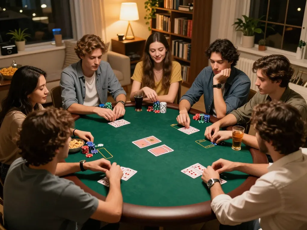 The scene captures players at home poker night at the Trang chủ 79king table, showcasing strategy and camaraderie.
