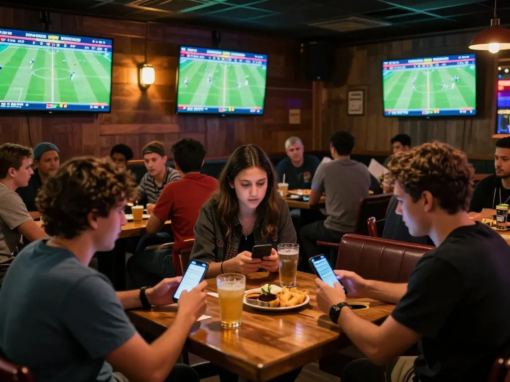 Bong da lu betting enthusiasts cheering for their teams at a sports bar with live match screens.