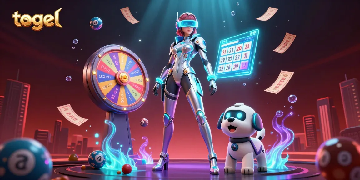 Win at togel with this vibrant and immersive 3D digital illustration showcasing a futuristic woman, robot dog, and lottery elements.