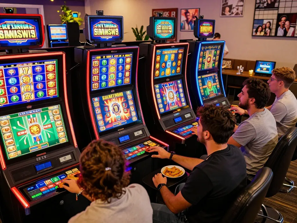 Players immersed in BUKA77 slot games at home, showcasing vibrant digital screens and a cozy environment.