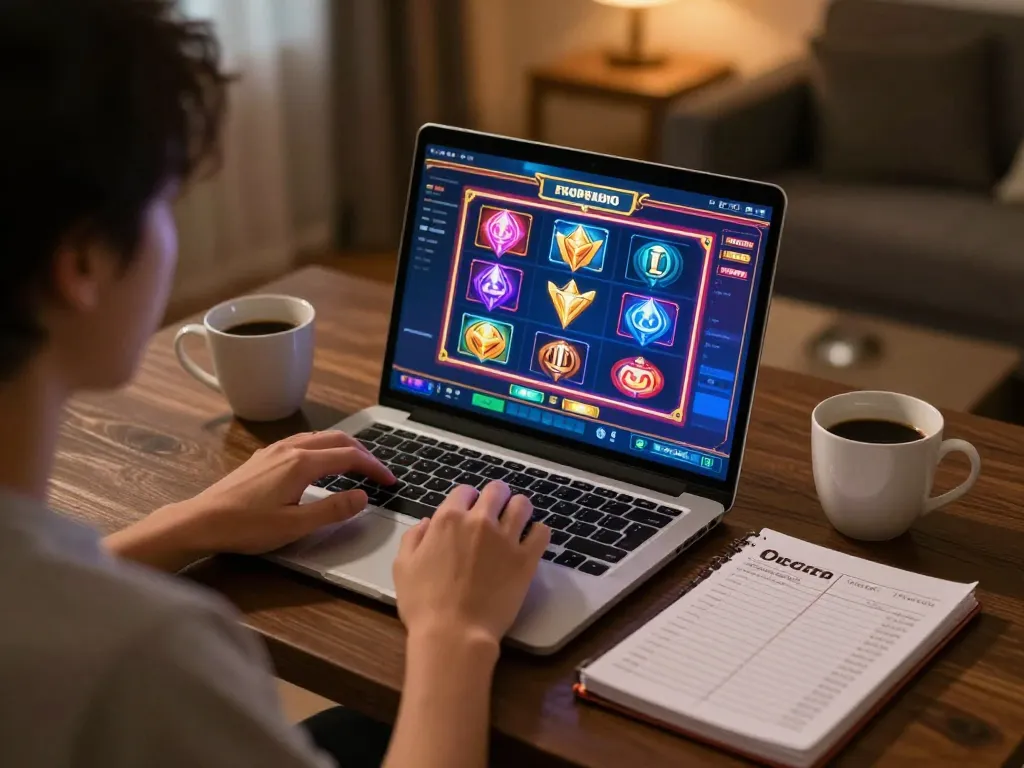 FAFA828 player strategizing while enjoying slots on a cozy home gaming setup.