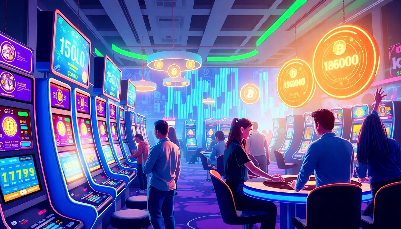 What is crypto casino scene with players enjoying digital games in a futuristic setting