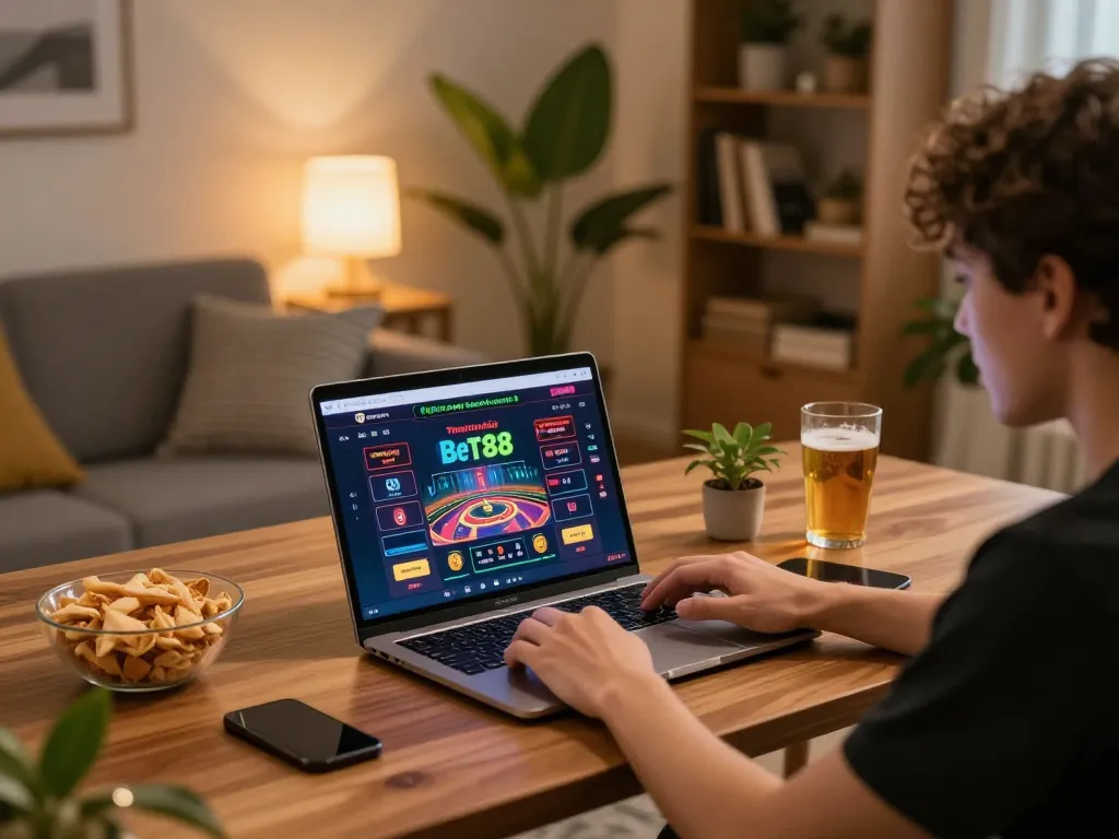 Engaging with casino games on the Trang chủ Bet88 platform in a cozy home setting while enjoying snacks.