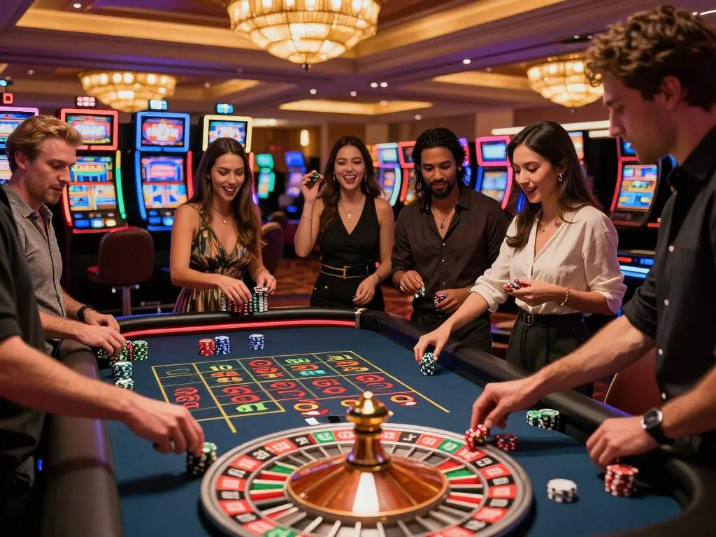 Winstrike69 players strategizing at a vibrant roulette table in a Las Vegas casino