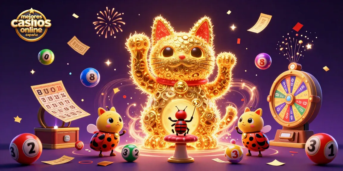 Los mejores casinos online en España animando con un gato de la suerte y bolas de lotería vibrantes.